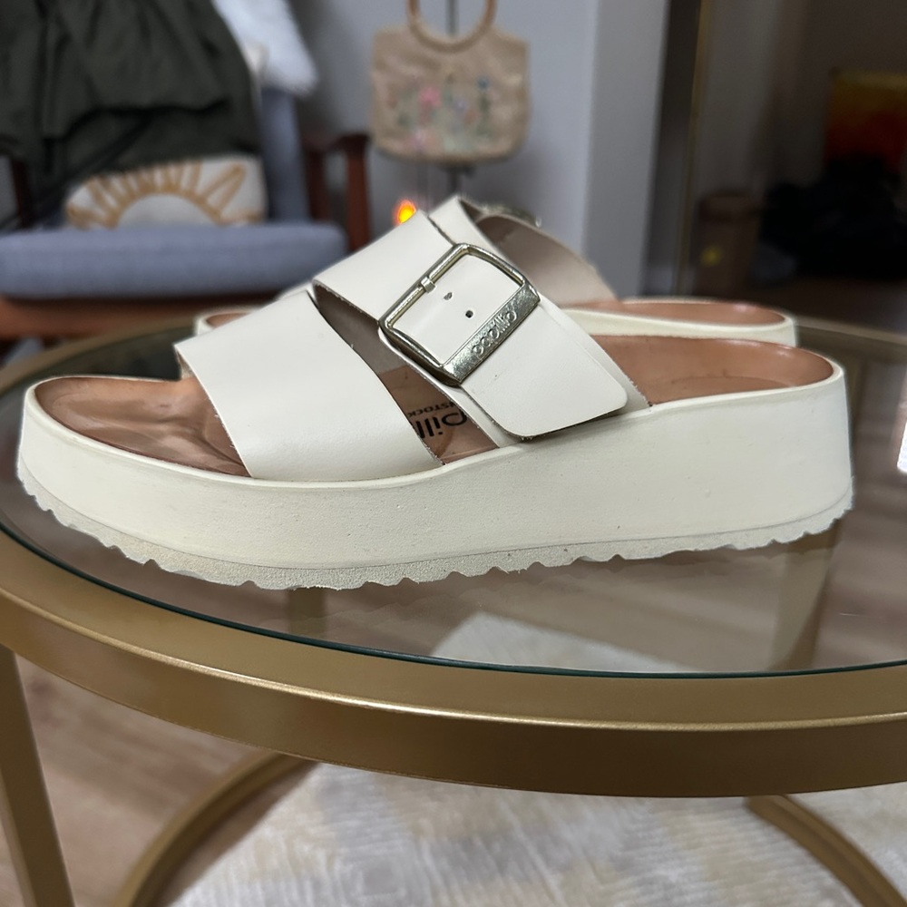 Birkenstock White Platform Slide Sandals with Silver Buckle